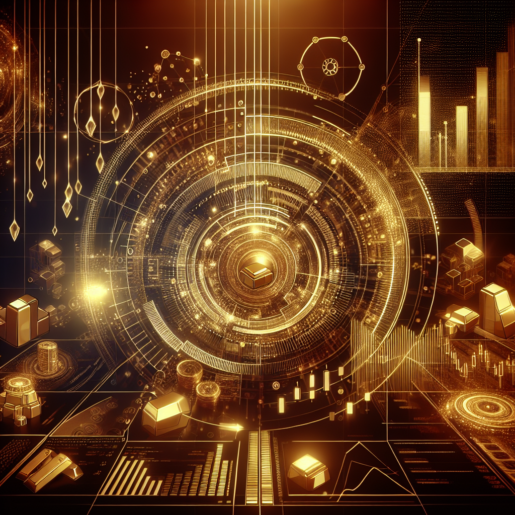 A sleek and sophisticated illustration showcasing a futuristic algorithmic trading interface for gold, featuring golden hues, data charts, and a digital landscape.